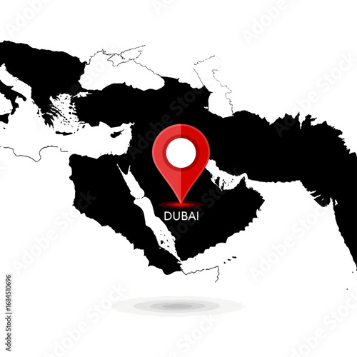 Dubai location within middle east region indicated with map pointer visual depiction