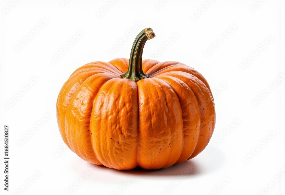 Obraz premium Vibrant Orange Pumpkin with Smooth Curved Surface and Green Stem Isolated on White Background for Autumn Harvest Celebration