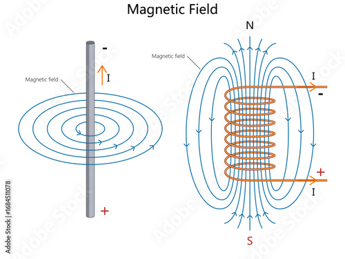 magnetic field lines around a straight current-carrying wire and a solenoid, illustrating electricity and magnetism concepts diagram hand drawn schematic vector. Science educational illustration
