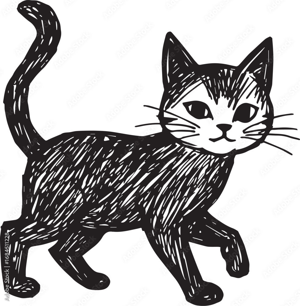 Obraz premium Cat Doodle Black and White Illustration Vector Image Cute Kitten Sketch Line Art Drawing Silhouette