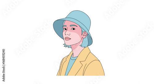 Stylish portrait of a confident person wearing a trendy hat and yellow jacket