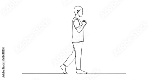 Continuous line drawing illustrating a thoughtful barefoot man strolling quietly