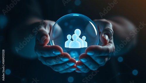 Hands cradling a transparent sphere with glowing people icon holding