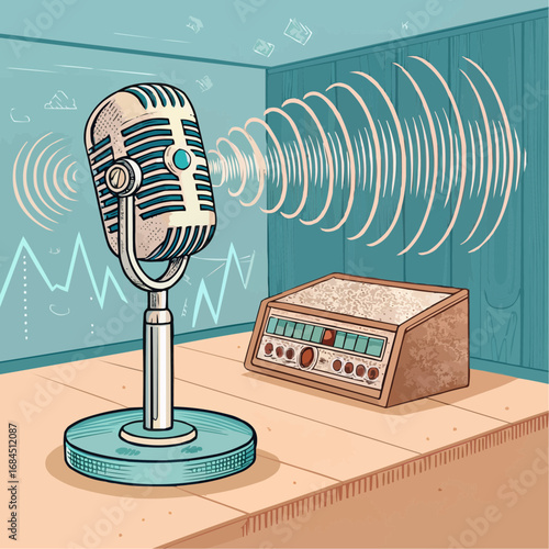 Vector Illustration of Retro 1950s Podcast Studio with Microphone and Holographic Sound Waves