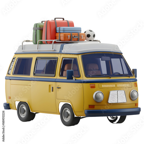 Yellow vintage camper van with luggage and soccer ball on roof rack transparent background isolated on a transparent background