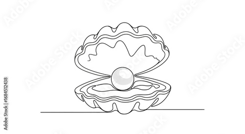 Elegant single line drawing of an oyster shell with a luminous pearl in its center a minimalist