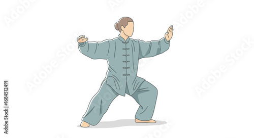 Serene depiction of a person practicing tai chi in traditional clothing gracefully moving and