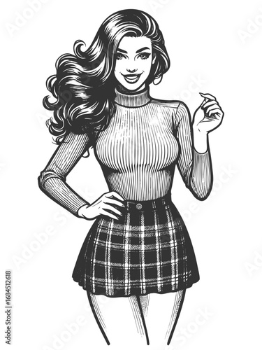 confident woman wearing a plaid skirt and fitted sweater, showcasing elegance and retro fashion sketch engraving generative ai fictional character vector illustration. Scratch board. Black and white.