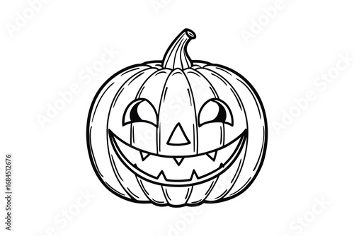 A classic carved halloween pumpkin with a spooky grinning face depicted as a simple line drawing silhouette isolated on white background