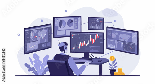 Man analyzing financial charts on multiple computer monitors in a bright studio environment.