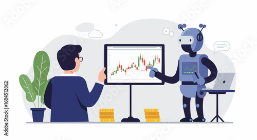 Man and robot collaborating on financial chart analysis with a laptop and coins on an isolated white background.