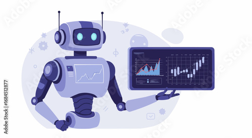 Robot presenting a financial chart with data visualization on an isolated white background.