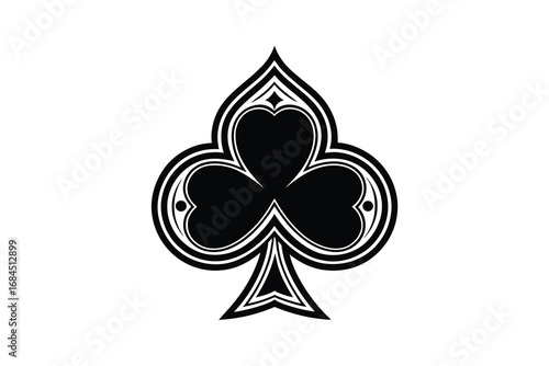 Stylized black silhouette of a spade playing card symbol with ornate detailing isolated on white background