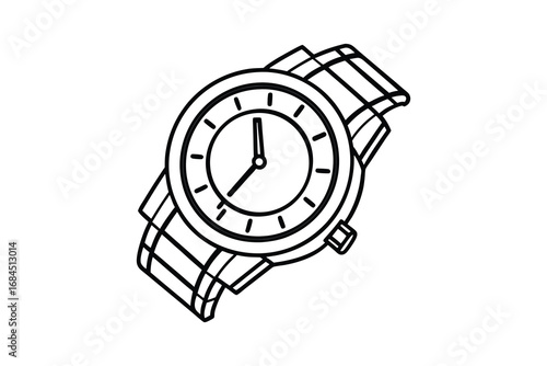 Classic analog wristwatch with a metal band depicted as a simple line art silhouette isolated on white background