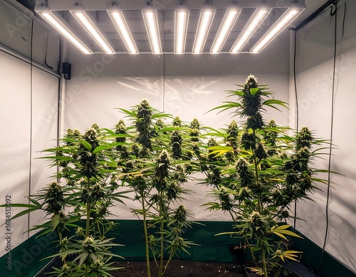 Indoor cannabis plants flourishing under LED grow lights