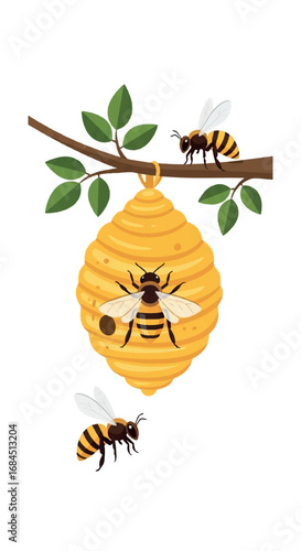 Honey Bees and Hive on a Branch.