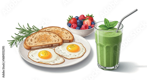 Healthy Breakfast Spread with Eggs Toast Berries and Green Smoothie.