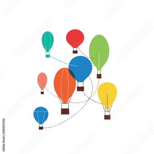 Hot Air Balloons Connected by Lines on White Background.