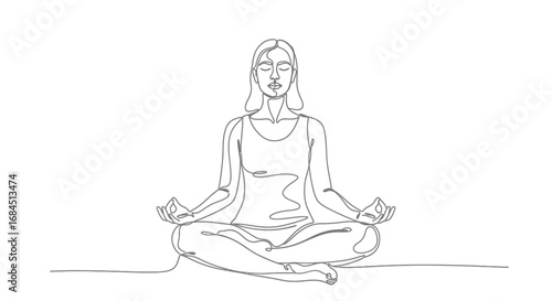 Continuous line illustration of woman meditating, achieving mindfulness and inner peace through
