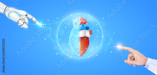 Heart realistic shape model polygon in translucent dome with medical network icons. Cyborg human collaboration. Doctor robot finger touching plus sign AI. Health care technology digital.