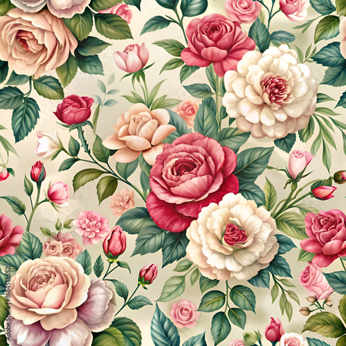 Vintage Floral Pattern with Pink. White and Red Roses