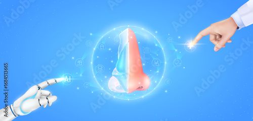 Nose realistic shape model polygon in translucent dome with medical network icons. Cyborg human collaboration. Doctor robot finger touching plus sign AI. Health care technology digital.