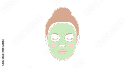 Minimalist depiction of a woman wearing a soothing green face mask for skincare therapy