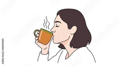 Illustration of a woman savoring a hot beverage from a mug in a relaxed state