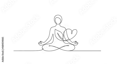 Single line drawing of a person meditating with heart and leaf representing holistic wellness