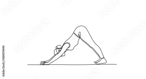 Minimalist line art illustration of a woman practicing yoga in downward-facing dog pose