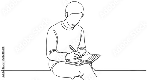 Continuous line drawing of a person writing in a notebook, representing focus and creativity for