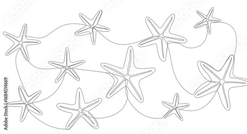Continuous line drawing of starfish forming seamless pattern for coastal designs, featuring sea