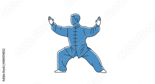 Minimalistic blue illustration portraying a man performing Tai Chi movements with grace and focus