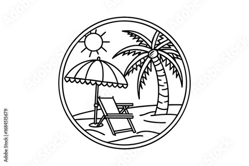 Tropical beach scene with palm tree beach chair and umbrella in an oval frame silhouette isolated on white background