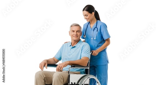 Compassionate nurse assisting a smiling senior man in a wheelchair