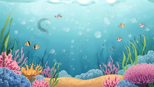 Fototapeta Naklejka Na Ścianę i Meble -  A vibrant and cheerful cartoon illustration of an underwater ocean scene with a colorful coral reef on the sandy seabed. A beautiful and bright aquatic world background for children