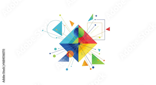 Vibrant geometric abstract composition featuring triangles circles and connecting lines emanating