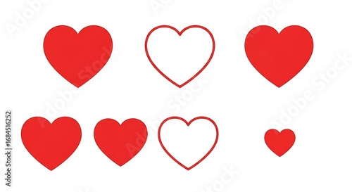 Collection of red and white hearts of various sizes isolated on a white background, symbolizing love and affection