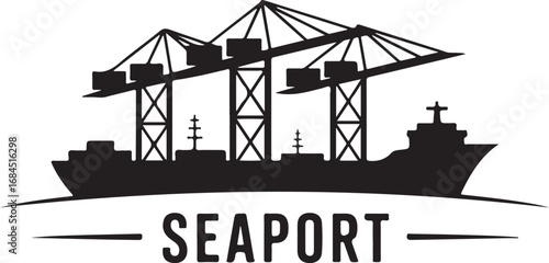 Port Authority and Seaport Vector Logo: A black silhouette illustration of a large container ship being loaded by cranes, with the word "SEAPORT" below.