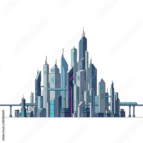 Modern City Skyline with Skyscrapers and Elevated Train Tracks.