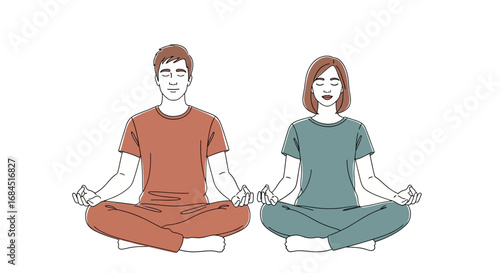 Serene couple meditating peacefully, embracing tranquility and mindfulness together on white