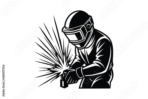 Silhouette of a welder wearing protective gear and a helmet working with sparks isolated on white background