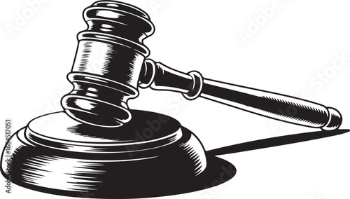 
Law and Justice Gavel Vector: A detailed black and white illustration of a judge's gavel resting on its sound block, symbolizing authority, judgment, and law.