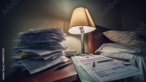 A hospital room with medical bills piled on a bedside table and an unfinished health insurance claim form, symbolizing financial strain, the claims process, and uncertainty in healthcare coverage