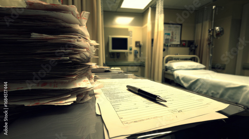 A hospital room with medical bills piled on a bedside table and an unfinished health insurance claim form, symbolizing financial strain, the claims process, and uncertainty in healthcare coverage