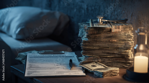 A hospital room with medical bills piled on a bedside table and an unfinished health insurance claim form, symbolizing financial strain, the claims process, and uncertainty in healthcare coverage