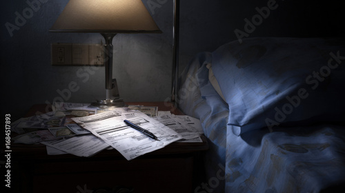 A hospital room with medical bills piled on a bedside table and an unfinished health insurance claim form, symbolizing financial strain, the claims process, and uncertainty in healthcare coverage