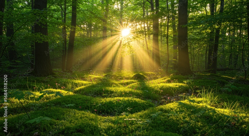 Obraz premium sun rays through the forest