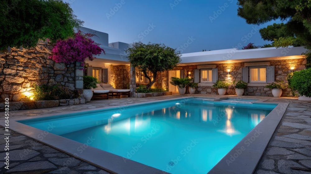 Fototapeta premium Square pool in the Greek villa garden concept. A stunning house with a glowing pool during twilight hours.