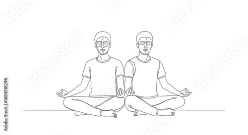 Serene connection two figures meditating in lotus pose single line illustration